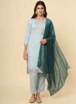 Silk Blend Sky Blue Casual Wear Embroidery Work Readymade Kurti Set